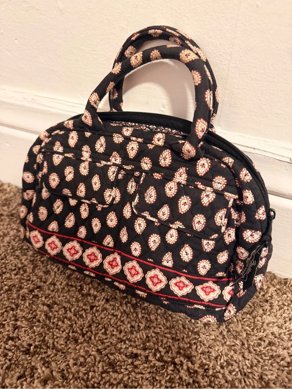Vera Bradley Black Tote with Cream and Red Paisley Motif